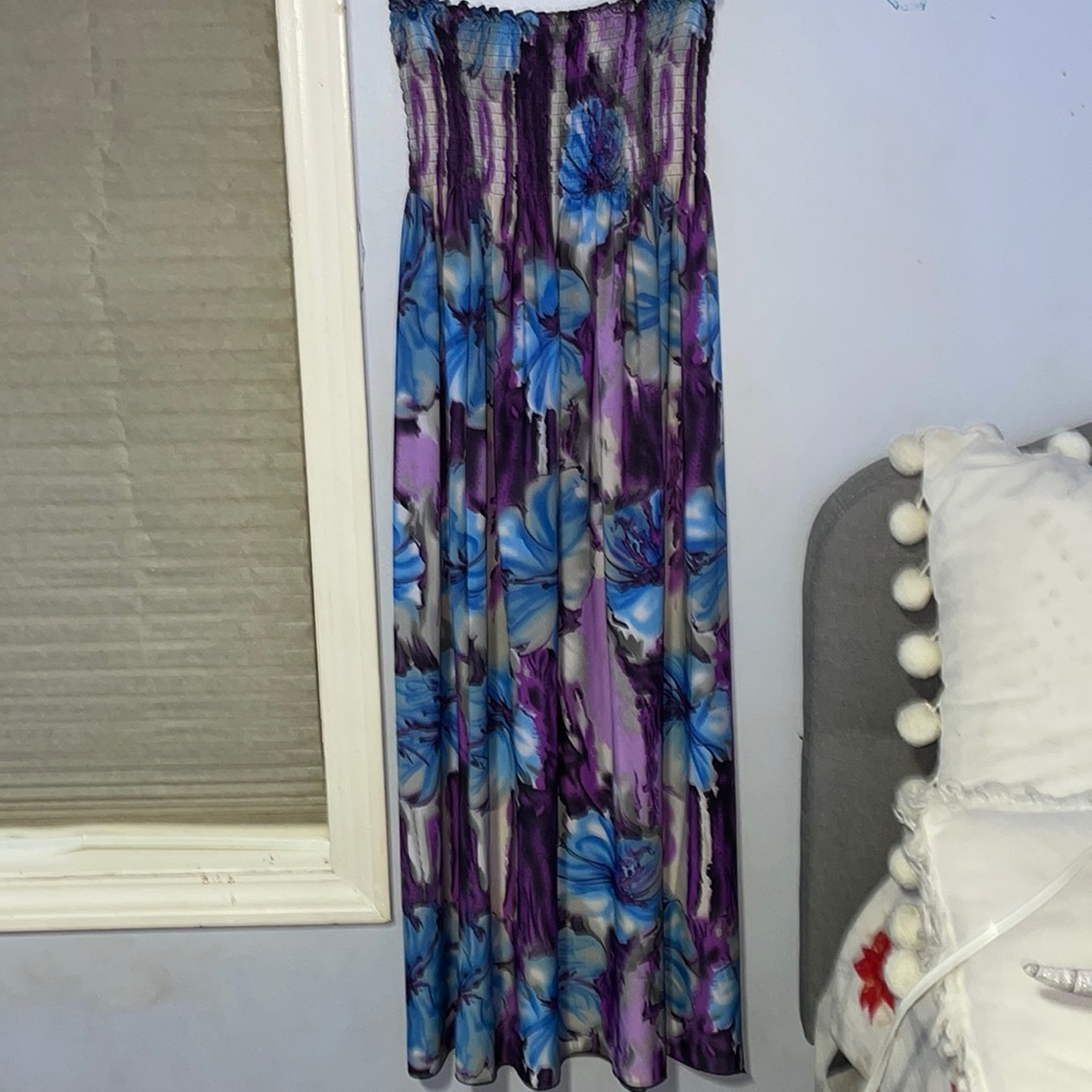 Strapless purple and blue dress